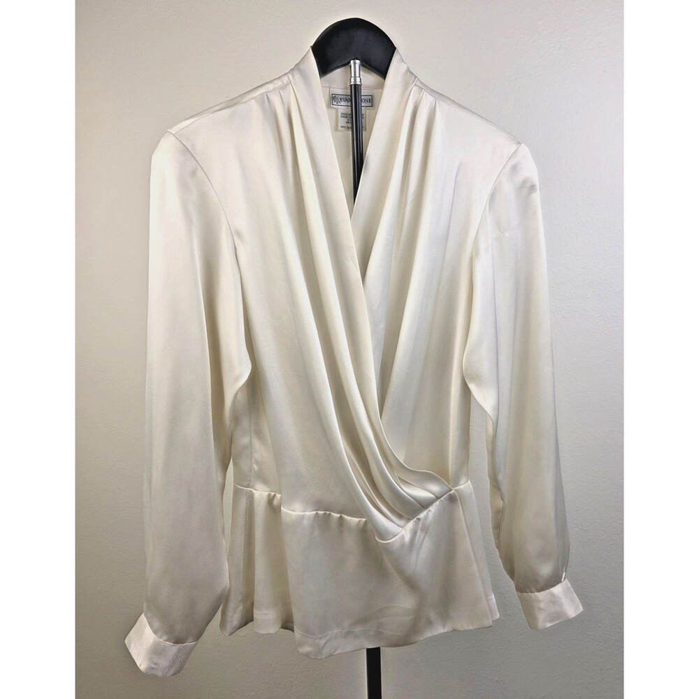 Vintage EVAN PICONE Ivory Poly-Satin Wrap Draped Long Sleeve Pleated Blouse SZ 8